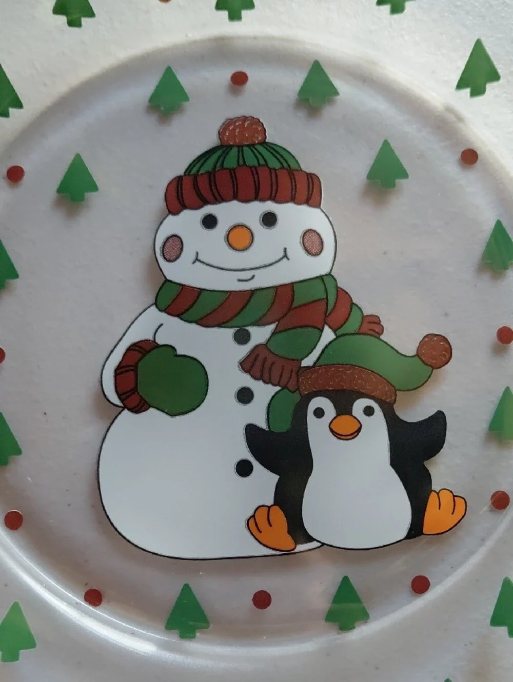 Arcoroc France Snowman & Penguin Glass Plate - Red, Green, Clear